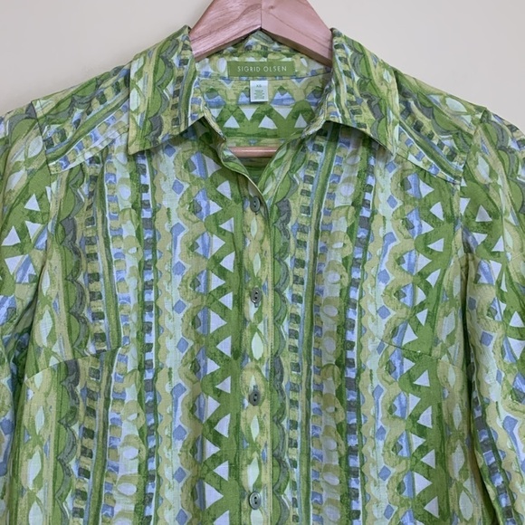 Sigrid Olsen | 100% Linen Green White Mixed Print Button Down Collared Shirt XS - Picture 3 of 17